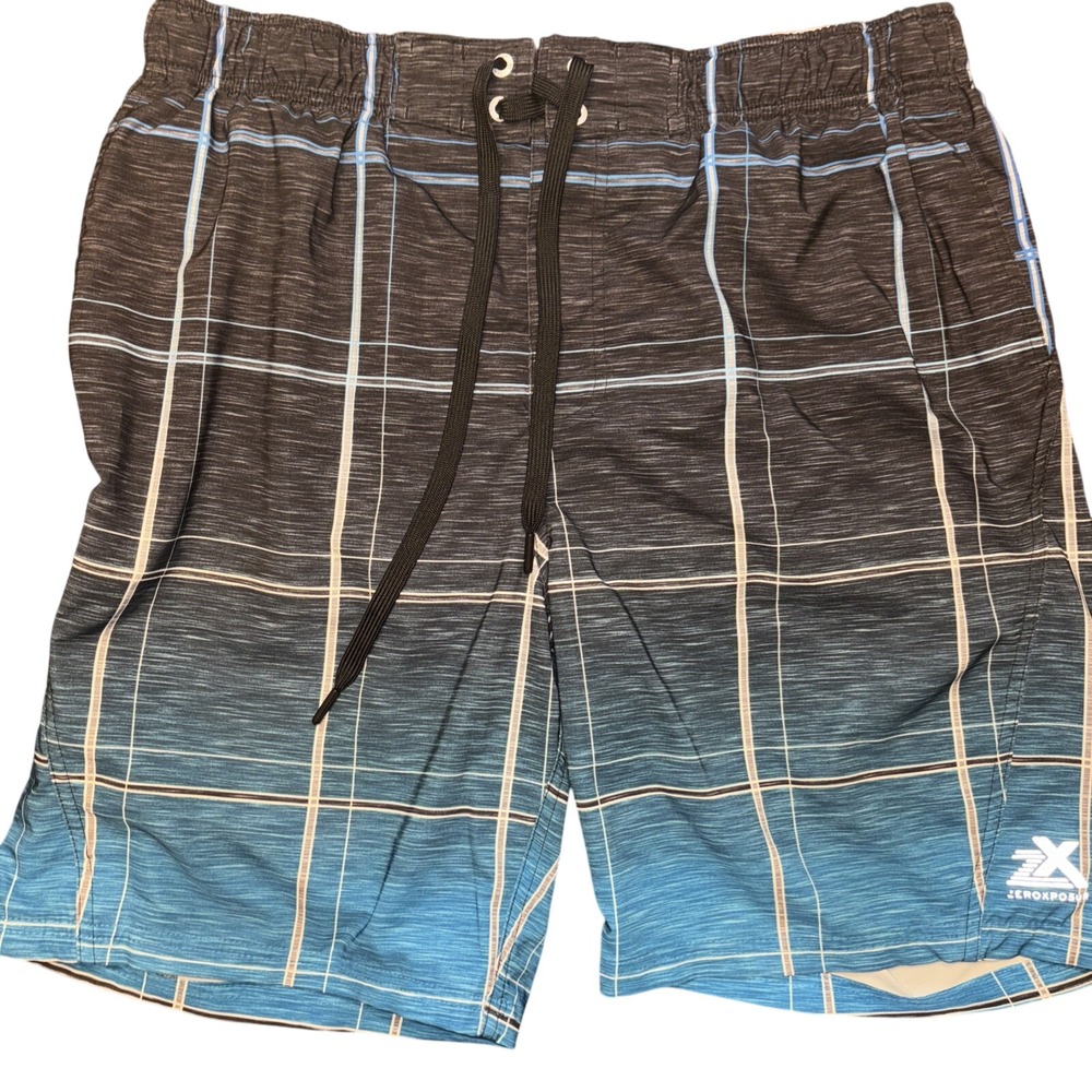 ZeroXposur Mens Swim Trunks Blue Black Ombre Plaid Board Shorts Zipper Pocket‎ L